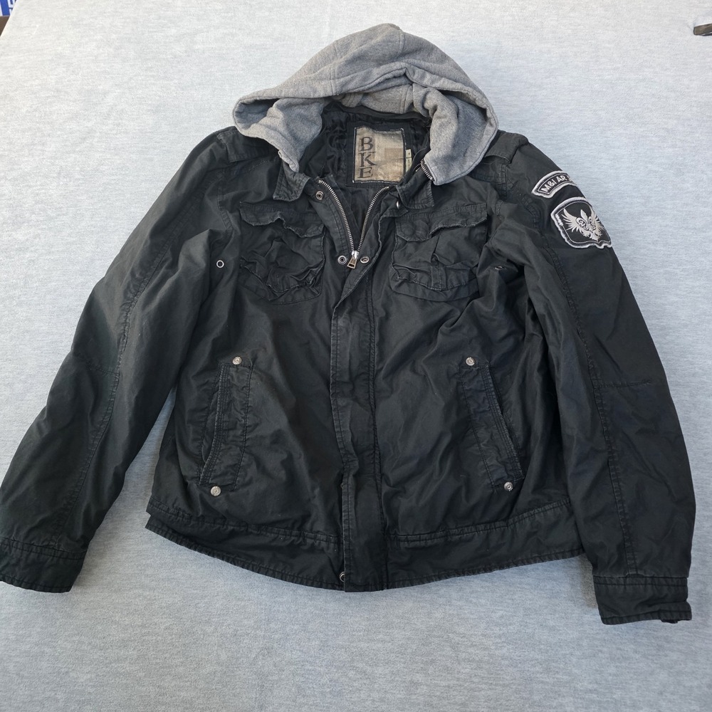 BKE Hooded Military Jacket Men's Medium Black Utility Field Coat Patches